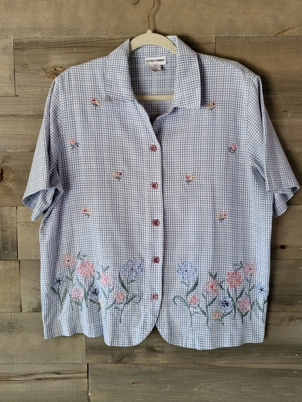 Alfred Dunner Y2K Blue Gingham Embroidered Floral Button-Up Grandmacore 16W